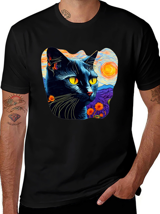Camiseta Hombre Gato Van Gogh Noche Estrellada Algodón
