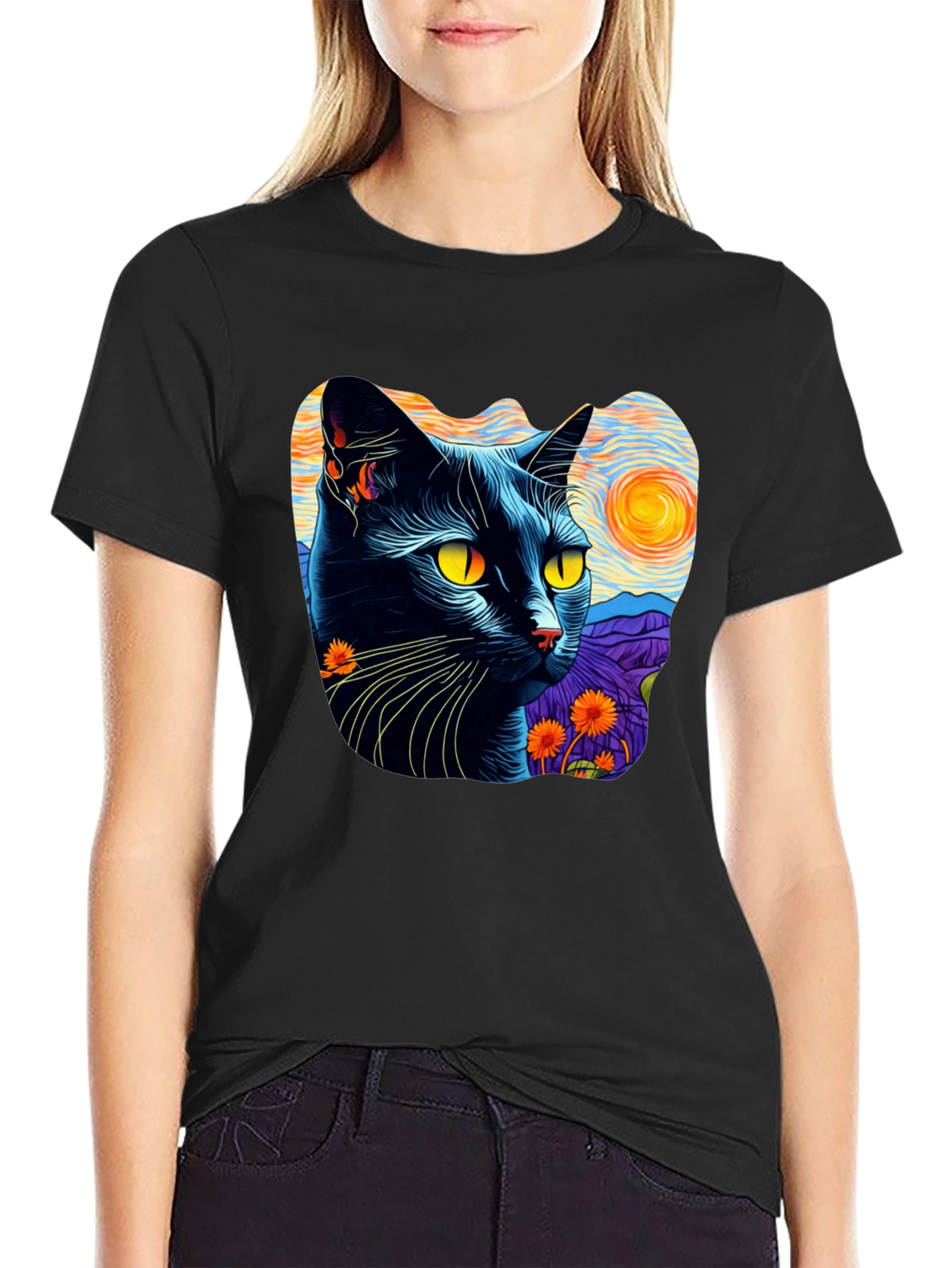 Camiseta Hombre Gato Van Gogh Noche Estrellada Algodón