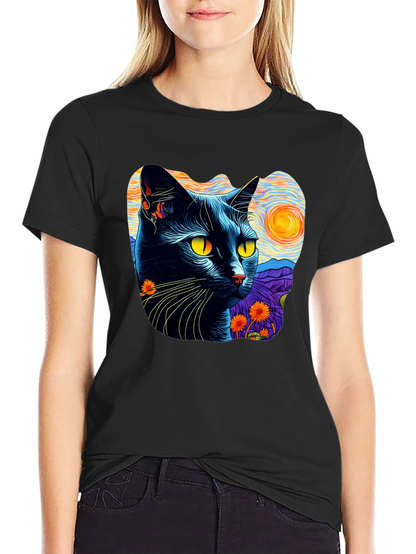Camiseta Hombre Gato Van Gogh Noche Estrellada Algodón