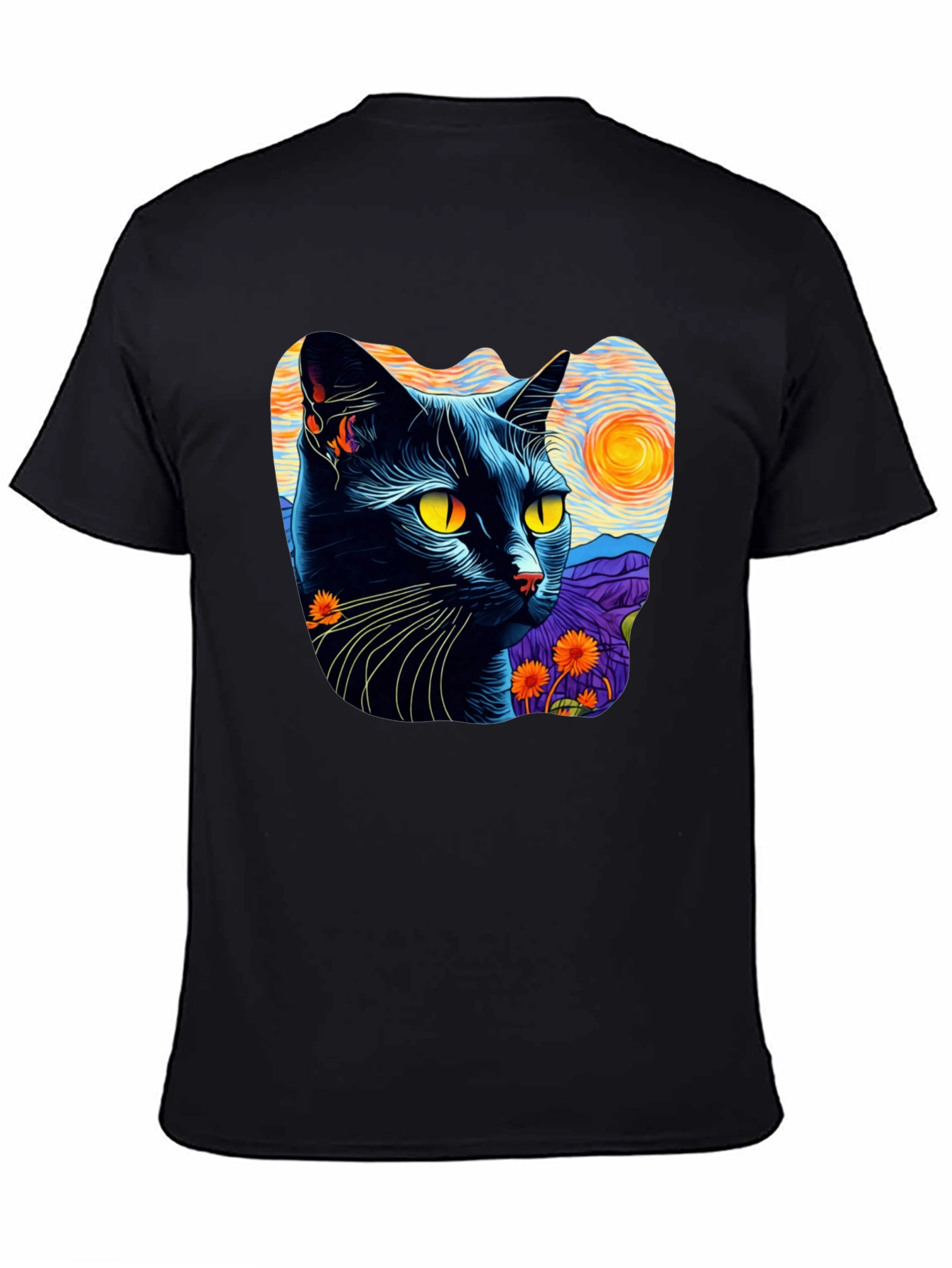 Camiseta Hombre Gato Van Gogh Noche Estrellada Algodón