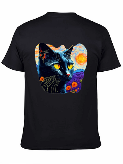 Camiseta Hombre Gato Van Gogh Noche Estrellada Algodón