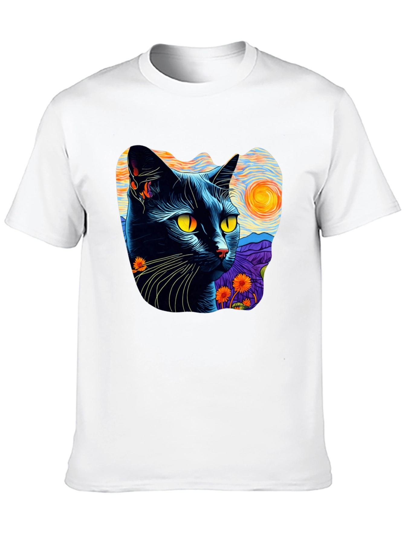 Camiseta Hombre Gato Van Gogh Noche Estrellada Algodón