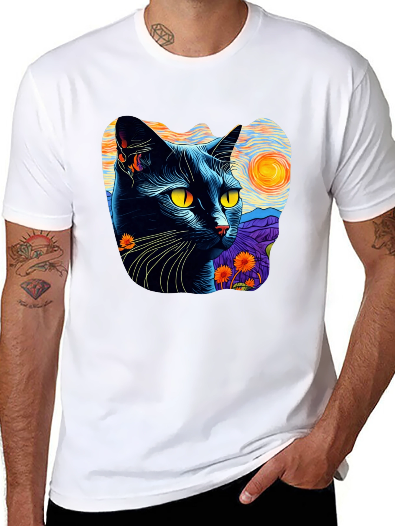 Camiseta Hombre Gato Van Gogh Noche Estrellada Algodón