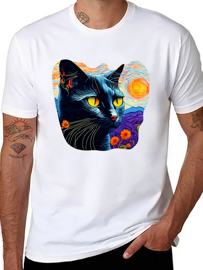 Camiseta Hombre Gato Van Gogh Noche Estrellada Algodón