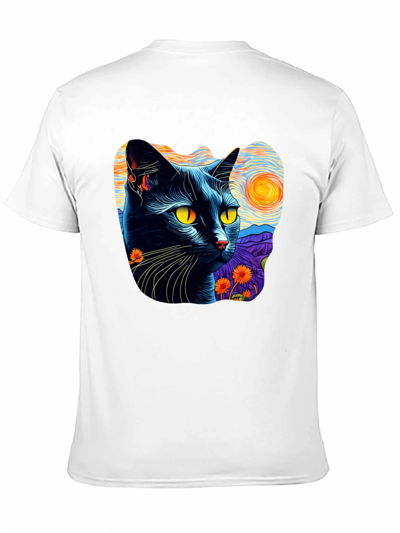 Camiseta Hombre Gato Van Gogh Noche Estrellada Algodón