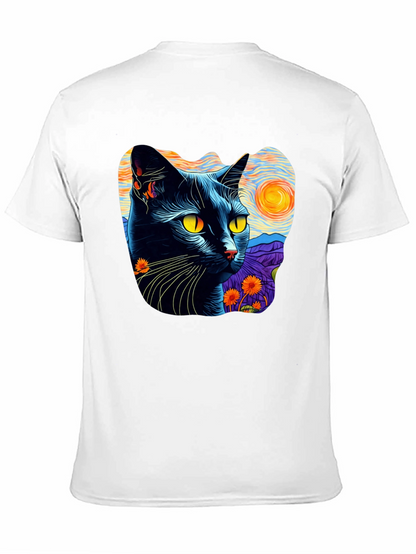 Camiseta Hombre Gato Van Gogh Noche Estrellada Algodón