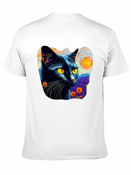 Camiseta Hombre Gato Van Gogh Noche Estrellada Algodón