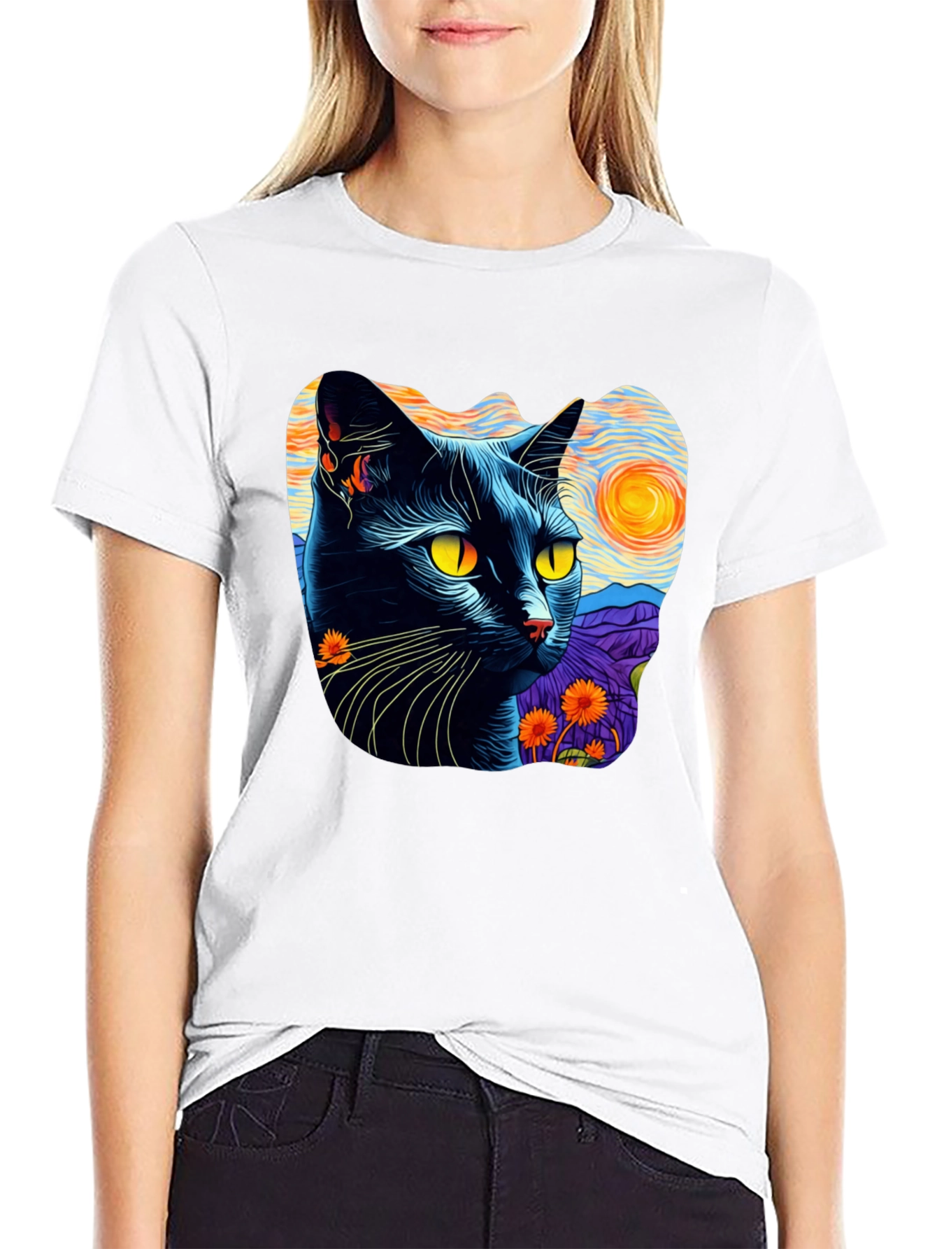Camiseta Hombre Gato Van Gogh Noche Estrellada Algodón