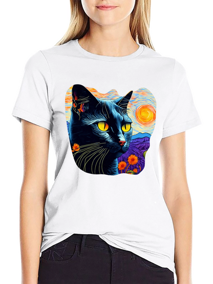 Camiseta Hombre Gato Van Gogh Noche Estrellada Algodón
