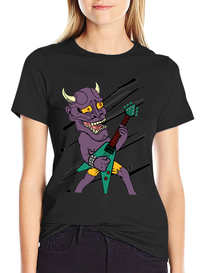 Camiseta Negra con Diseño Rockero de Demonio con Guitarra