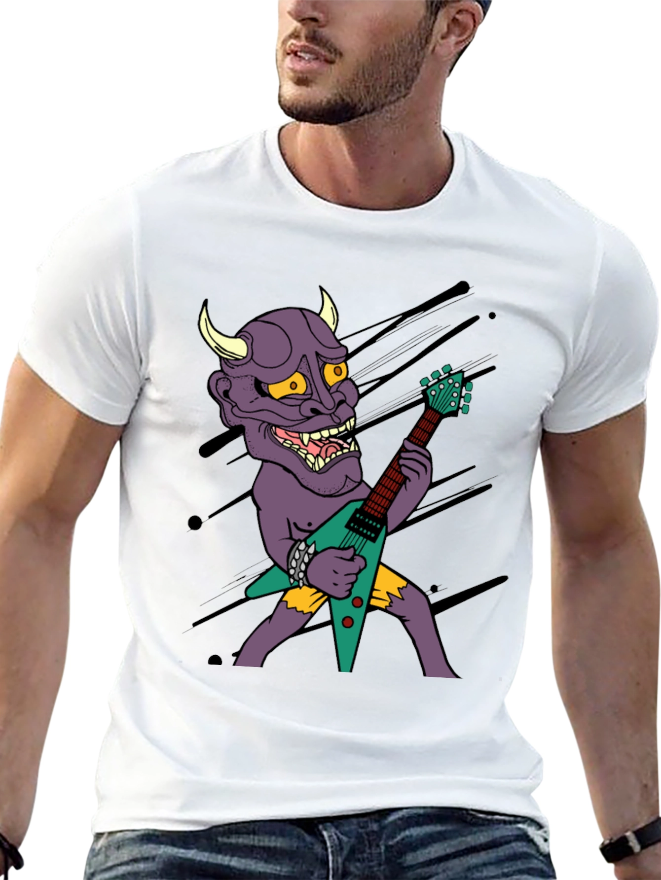 Camiseta Negra con Diseño Rockero de Demonio con Guitarra
