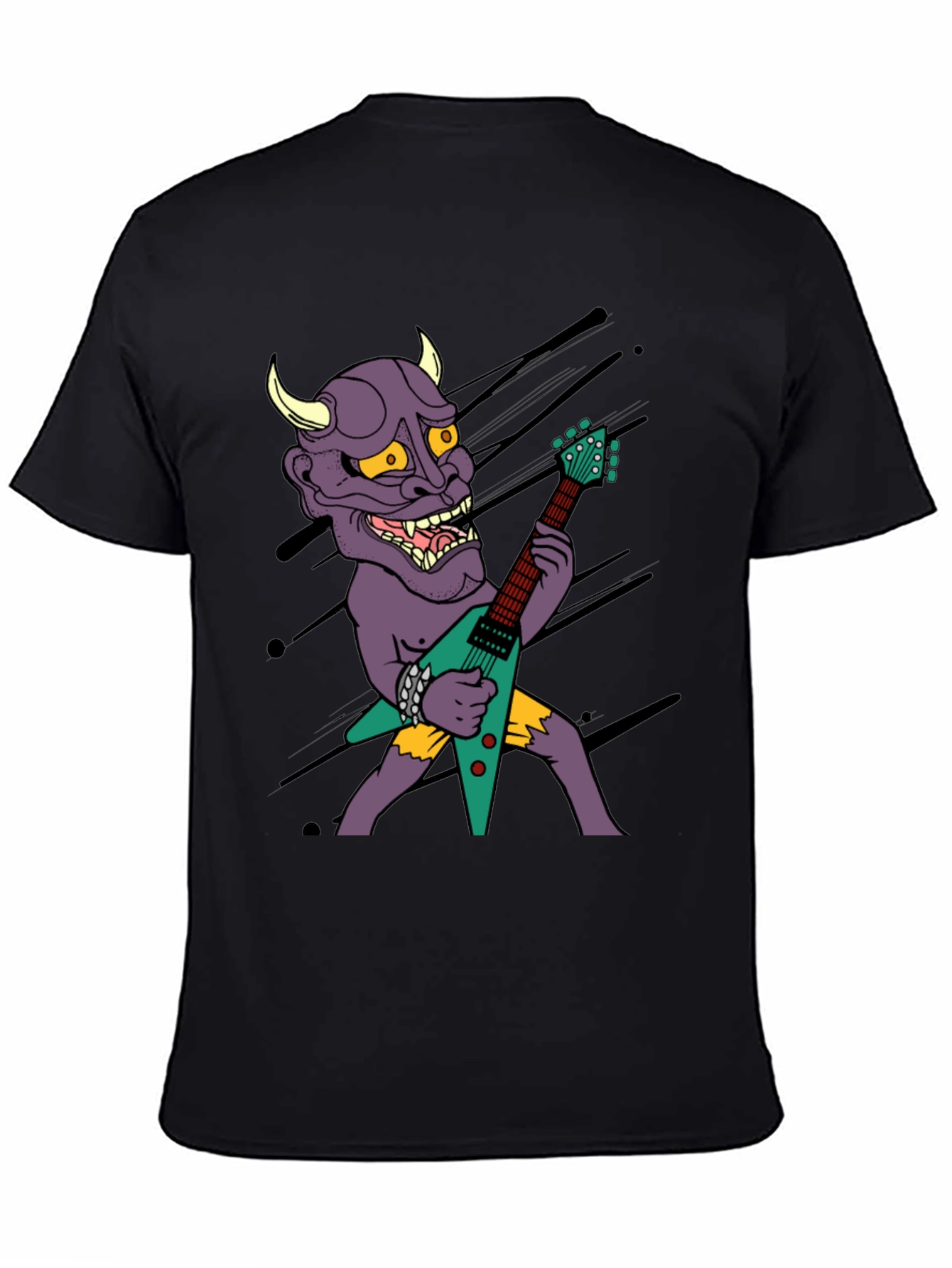 Camiseta Negra con Diseño Rockero de Demonio con Guitarra