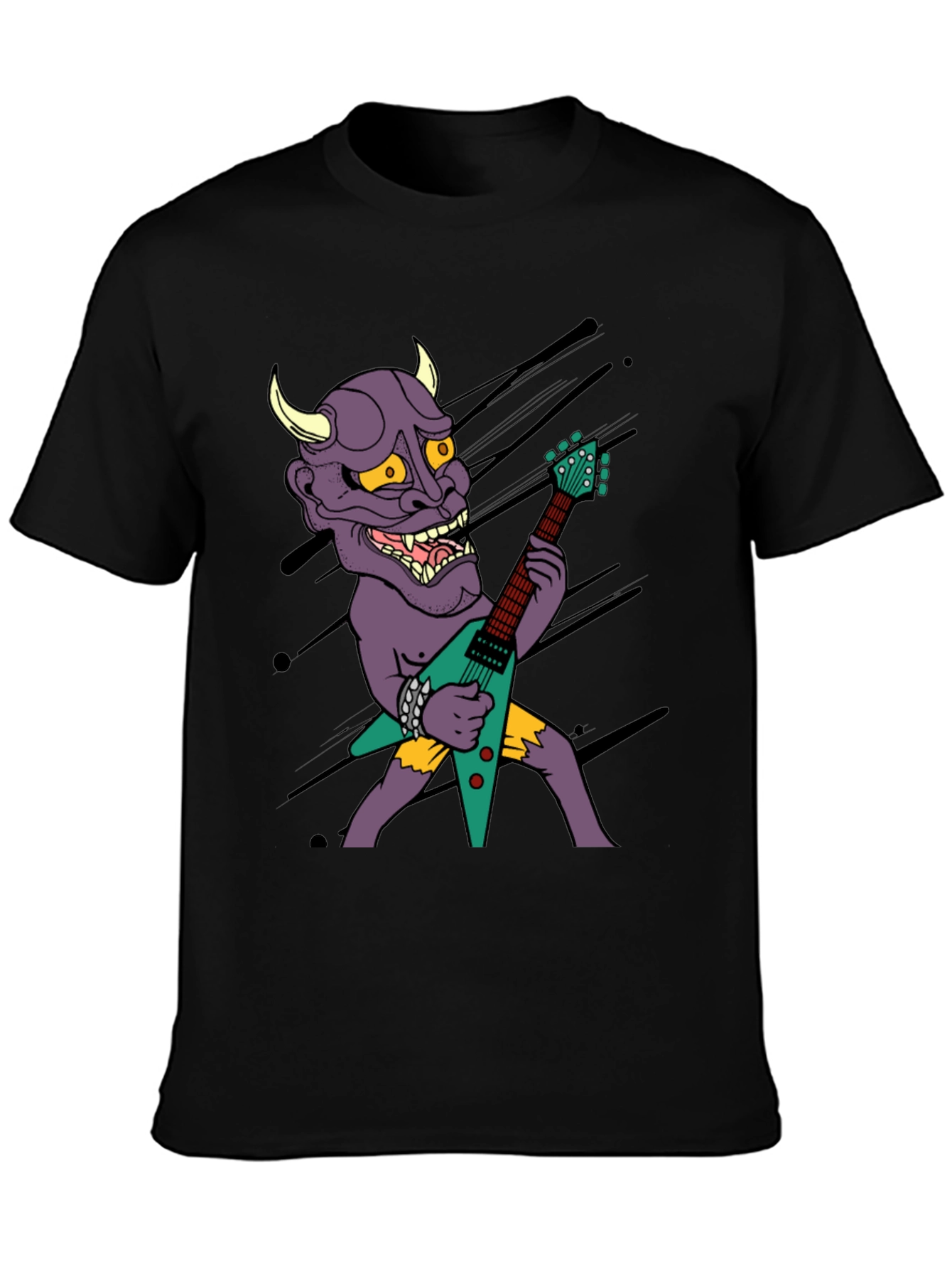 Camiseta Negra con Diseño Rockero de Demonio con Guitarra