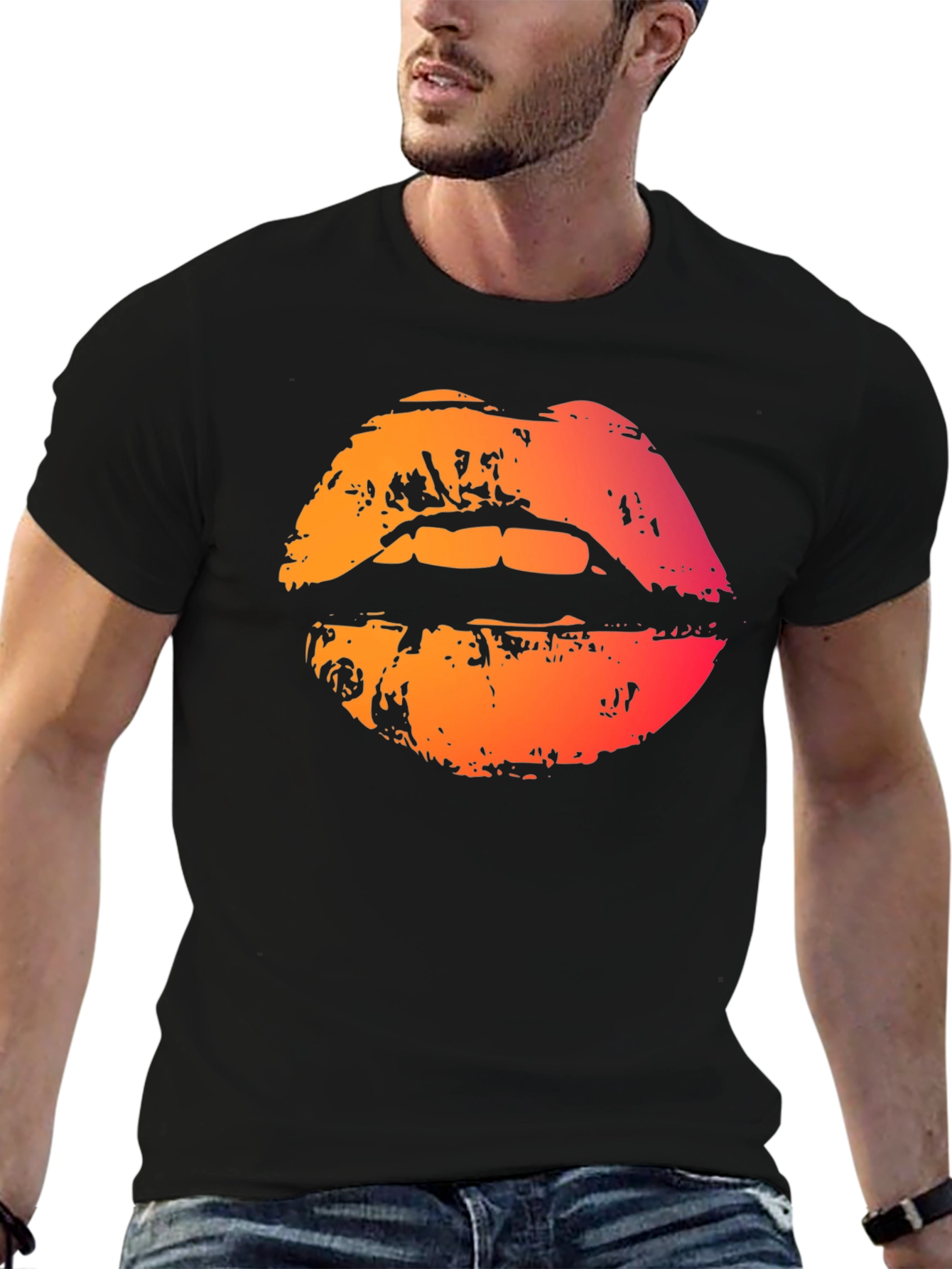 Camiseta Negra con Labios Degradados