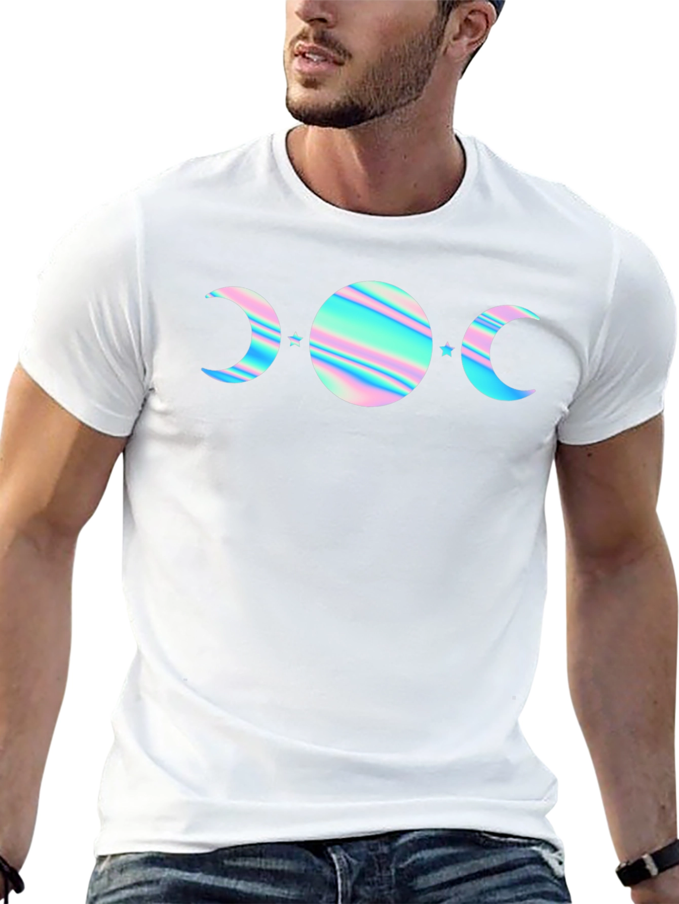Camiseta Negra con Diseño de Fases Lunares Holográficas