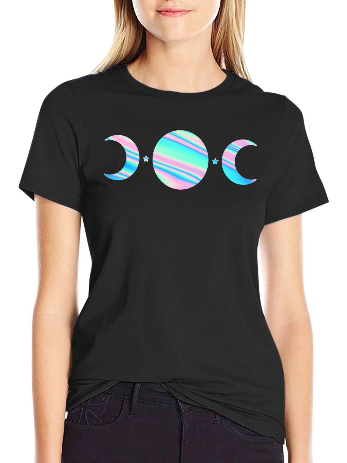 Camiseta Negra con Diseño de Fases Lunares Holográficas
