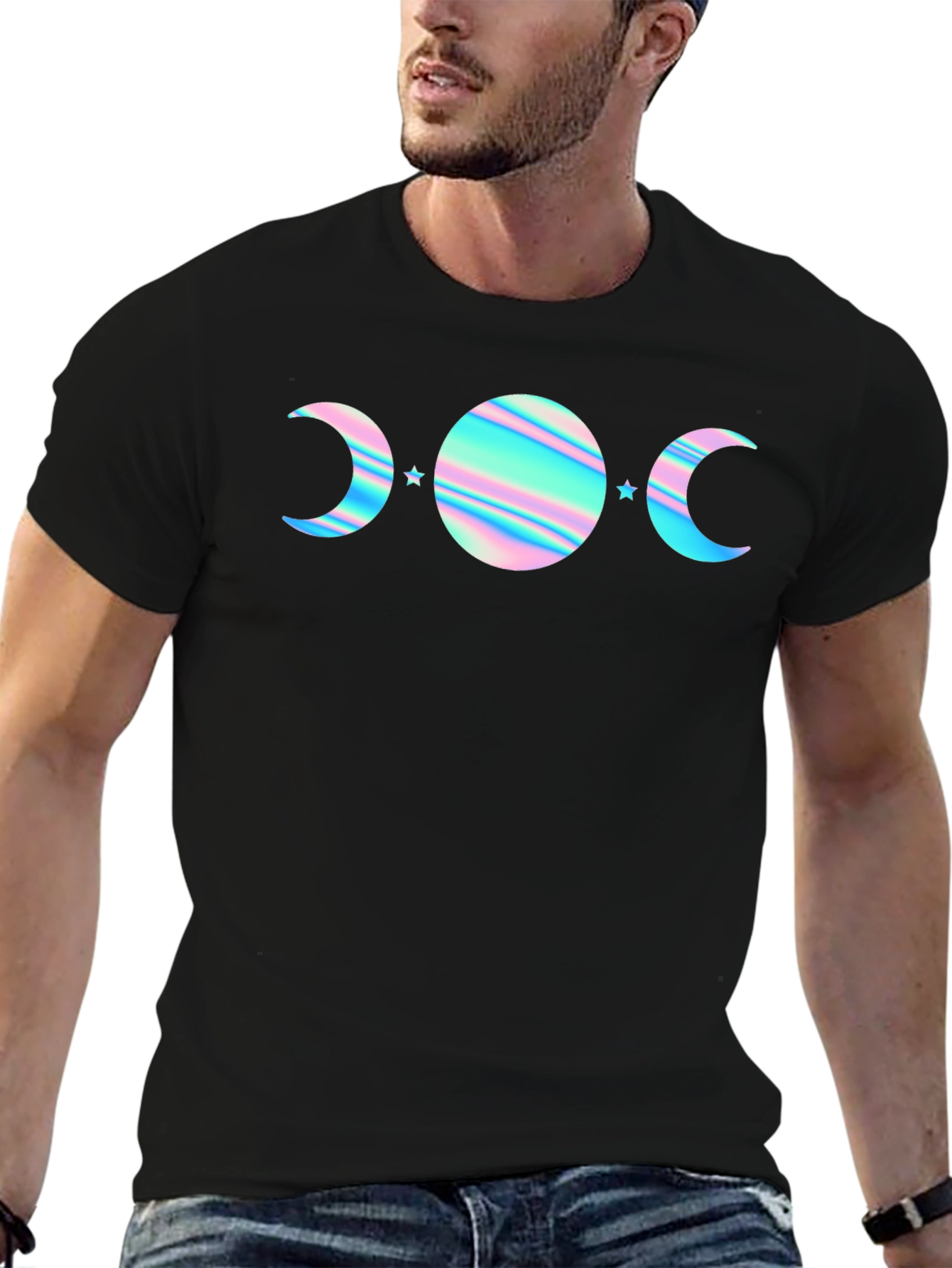 Camiseta Negra con Diseño de Fases Lunares Holográficas