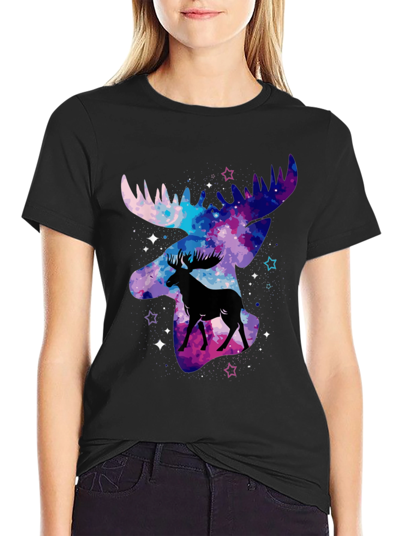 Camiseta Negra con Diseño de Alce Galáctico