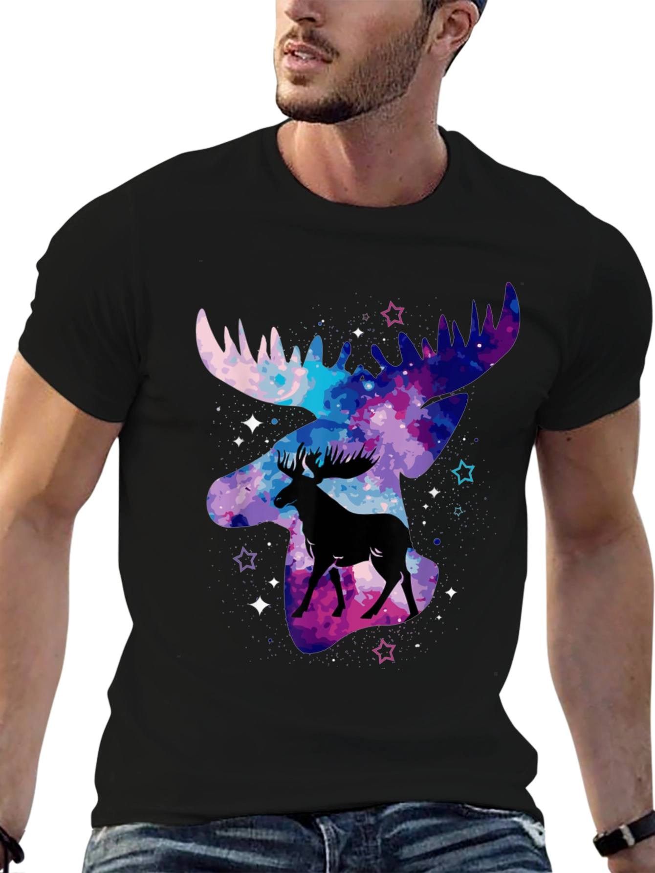 Camiseta Negra con Diseño de Alce Galáctico
