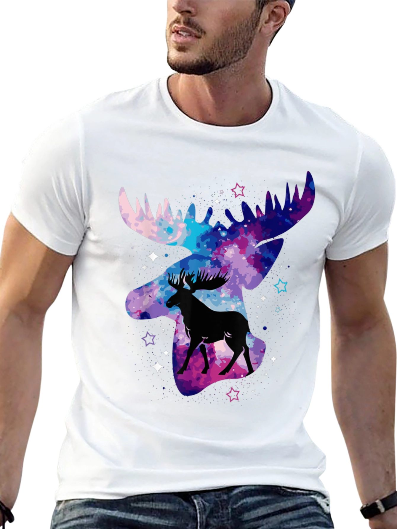 Camiseta Negra con Diseño de Alce Galáctico
