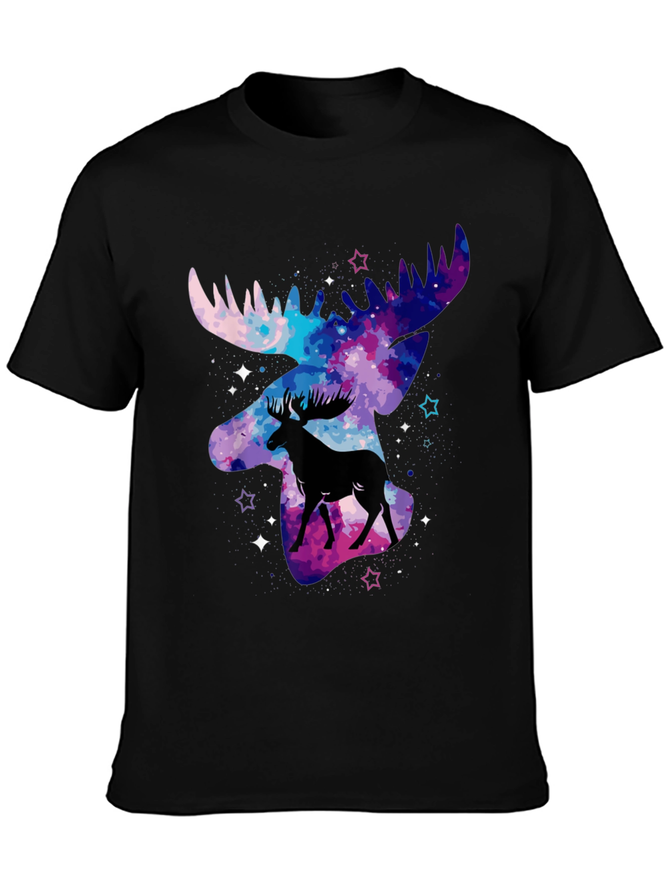 Camiseta Negra con Diseño de Alce Galáctico