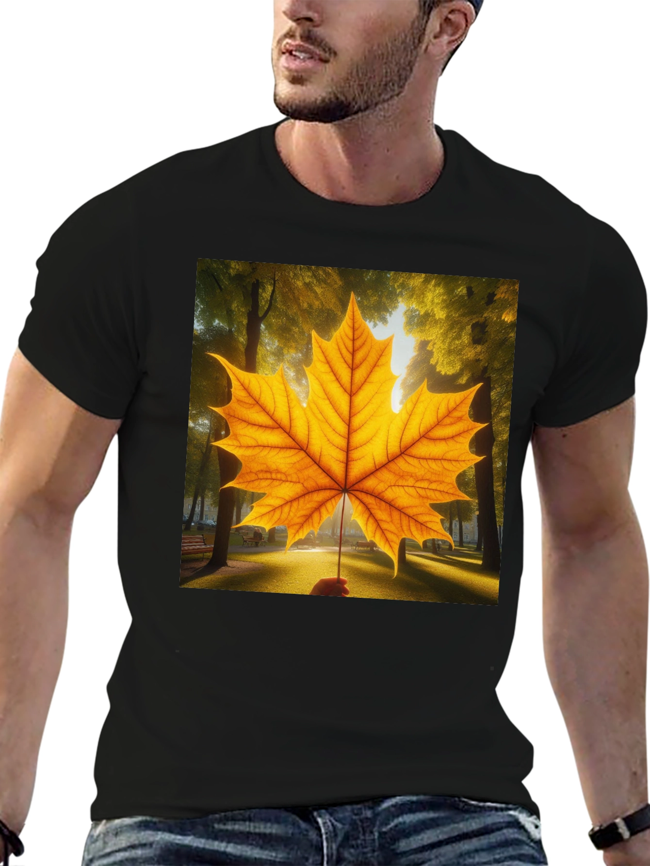 Camiseta Negra con Hoja de Arce Otoñal