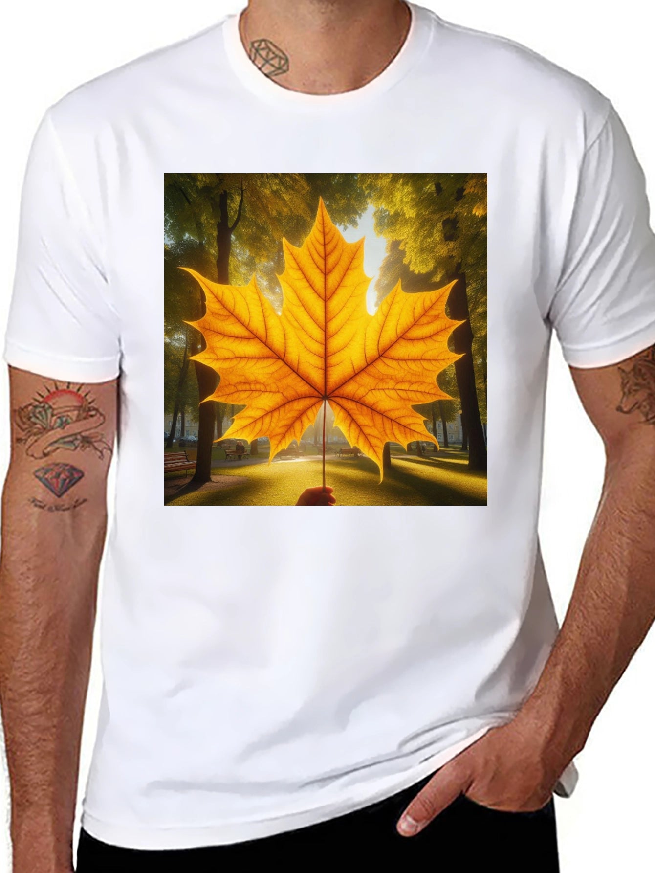 Camiseta Negra con Hoja de Arce Otoñal