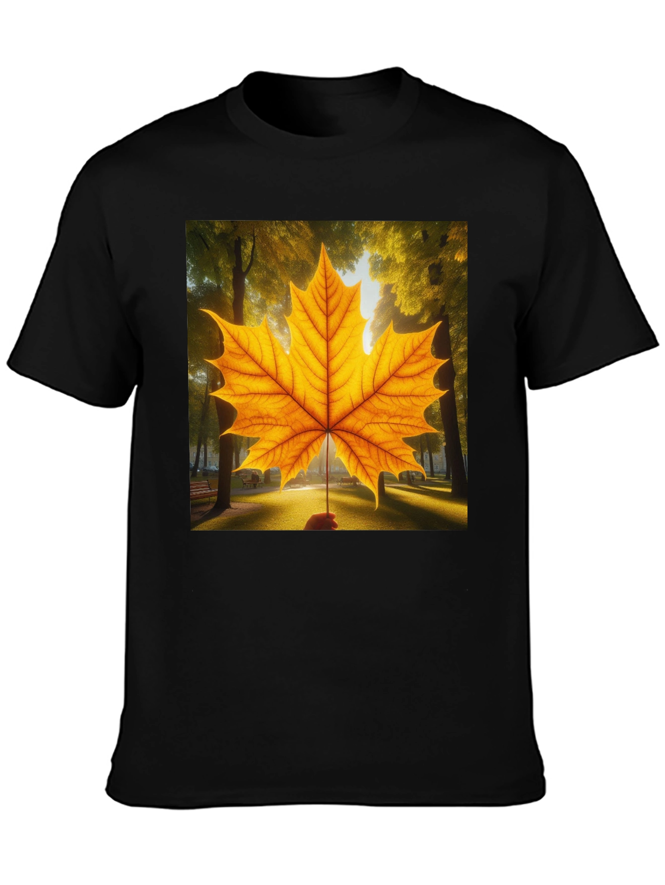 Camiseta Negra con Hoja de Arce Otoñal