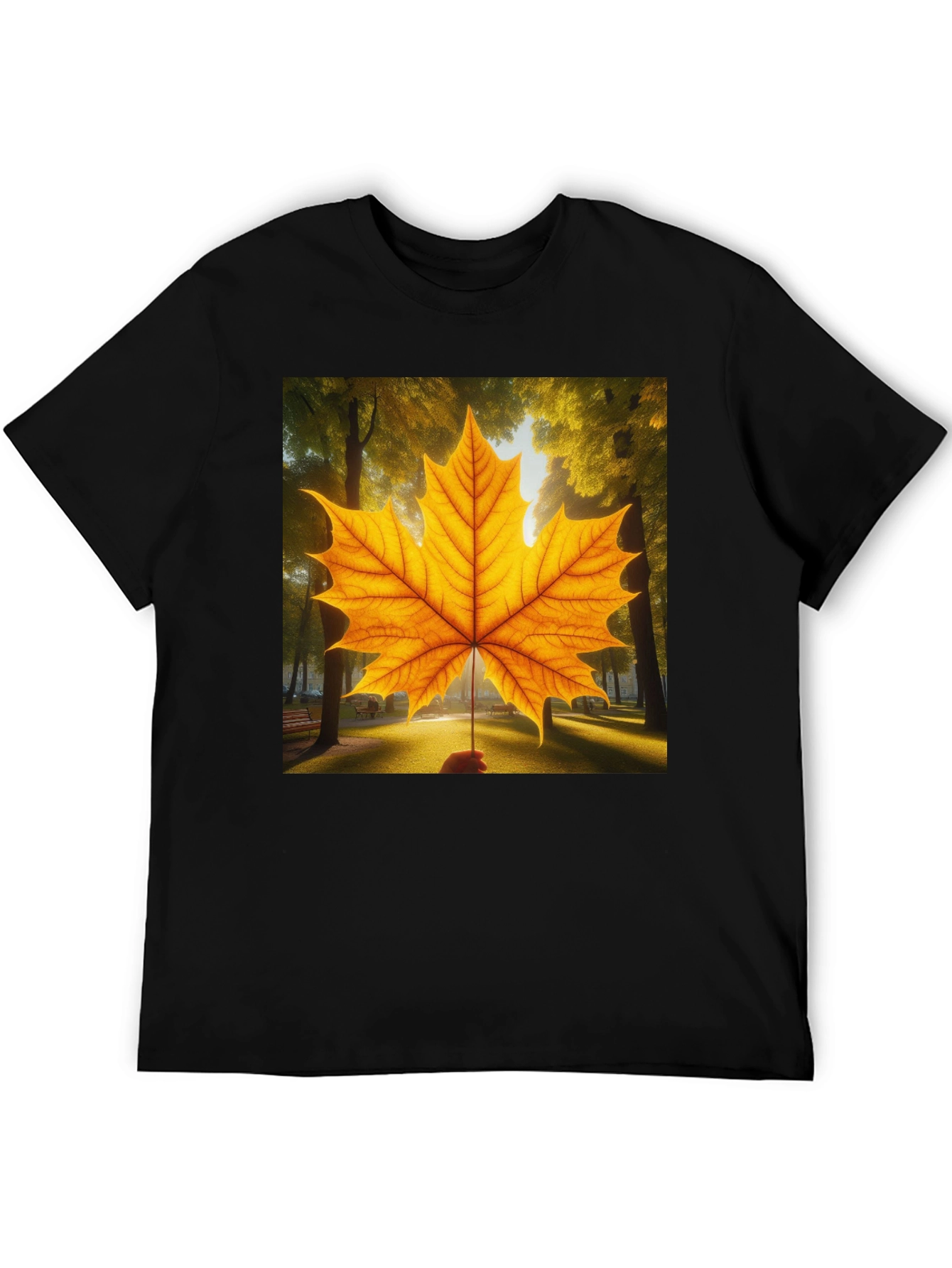 Camiseta Negra con Hoja de Arce Otoñal