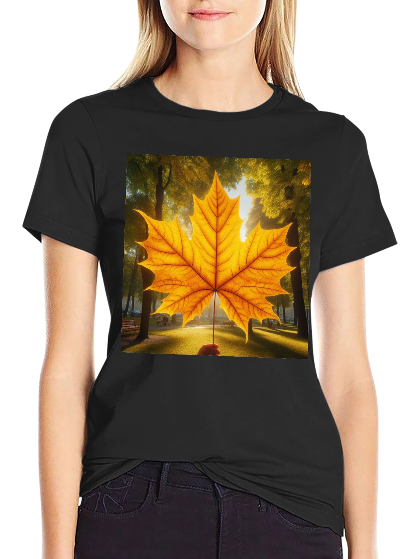 Camiseta Negra con Hoja de Arce Otoñal