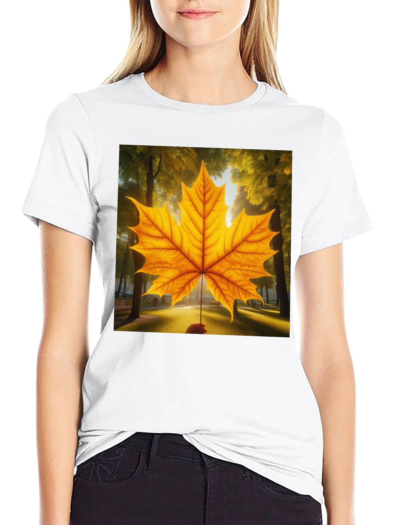Camiseta Negra con Hoja de Arce Otoñal