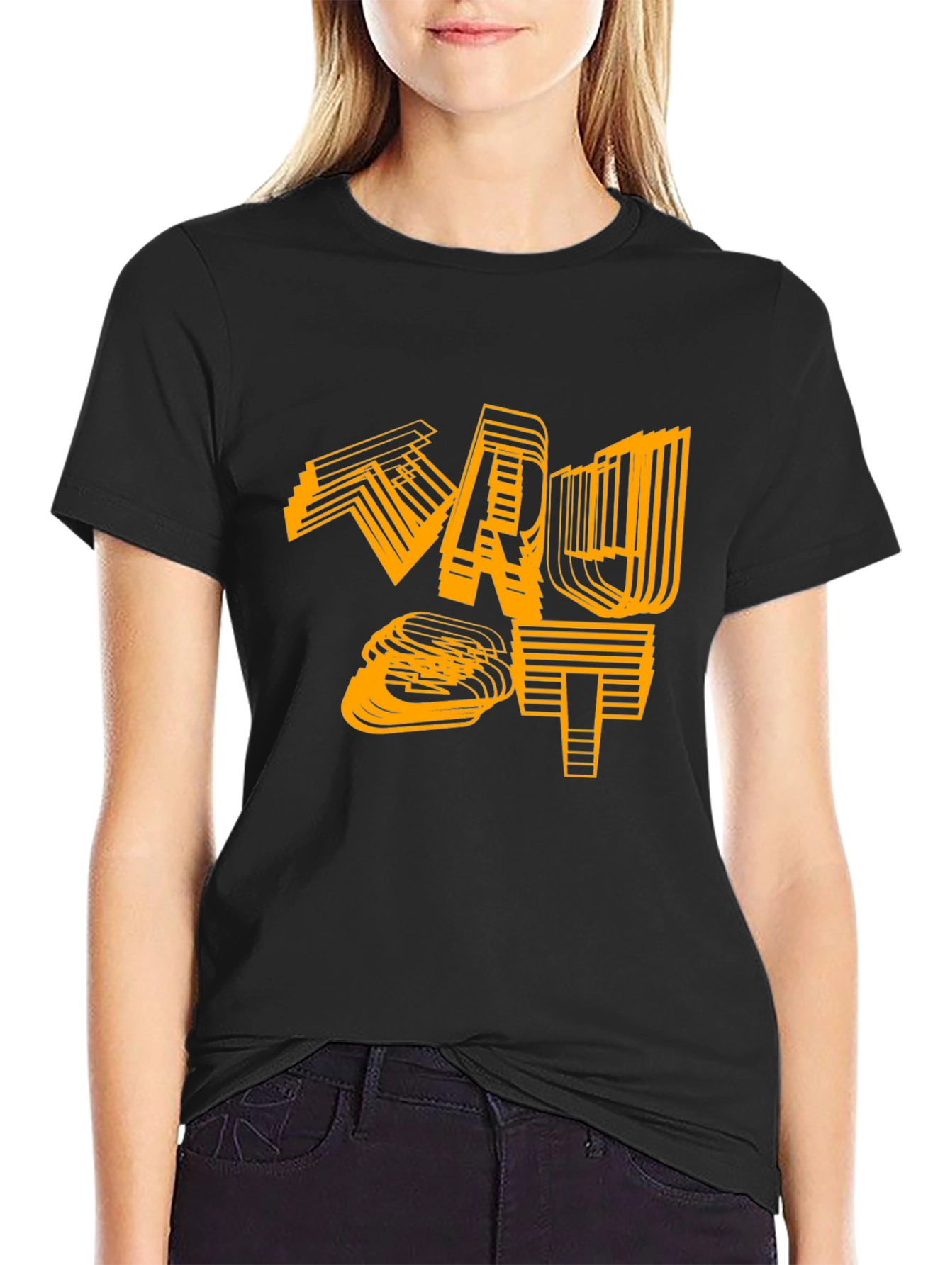 Camiseta Negra con Diseño Gráfico Abstracto Naranja