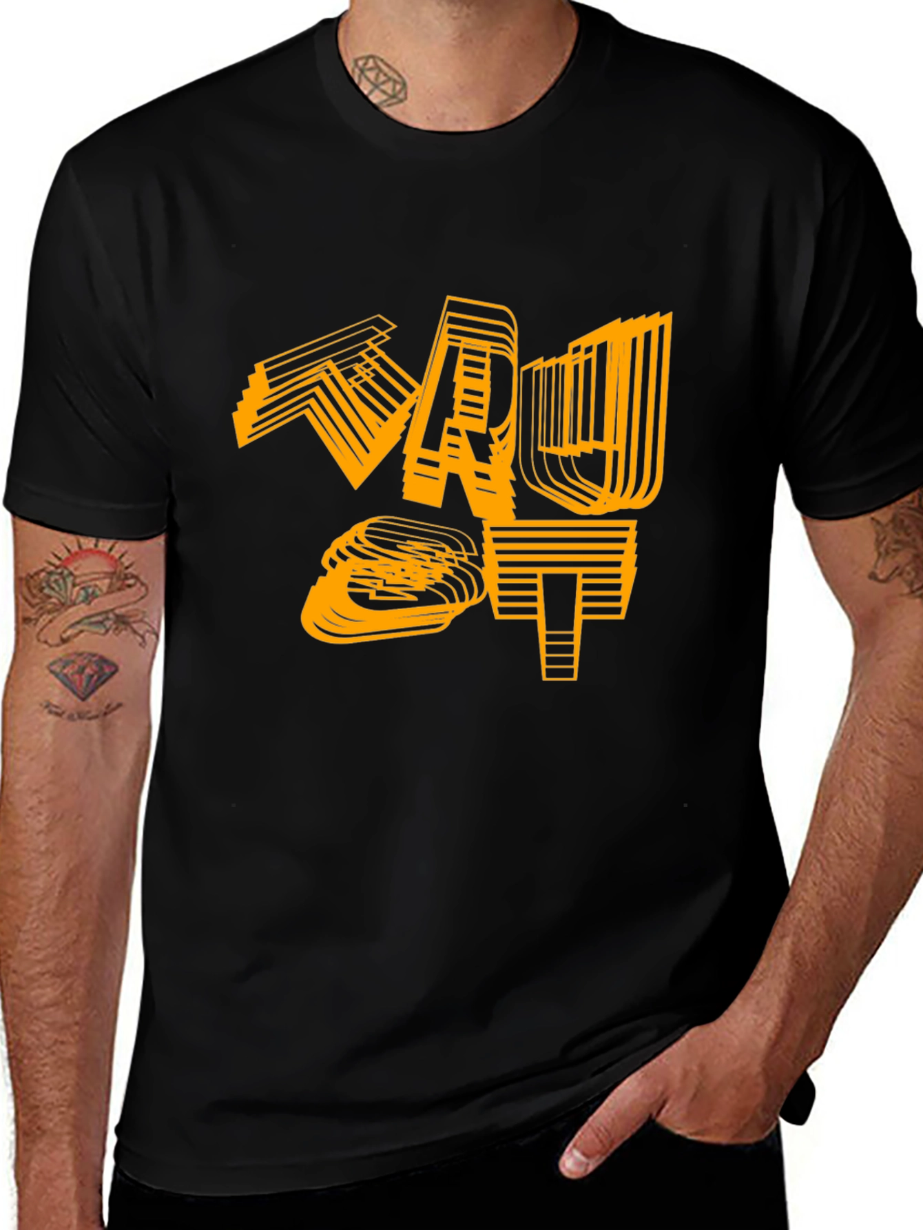 Camiseta Negra con Diseño Gráfico Abstracto Naranja