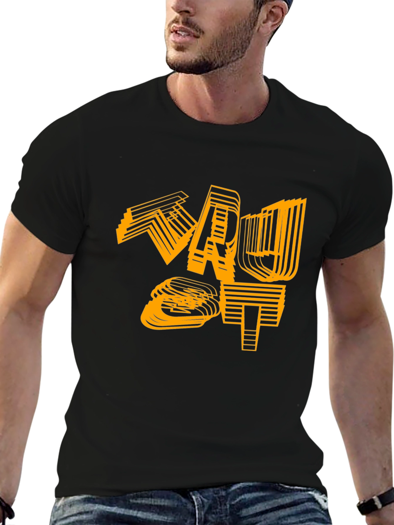 Camiseta Negra con Diseño Gráfico Abstracto Naranja