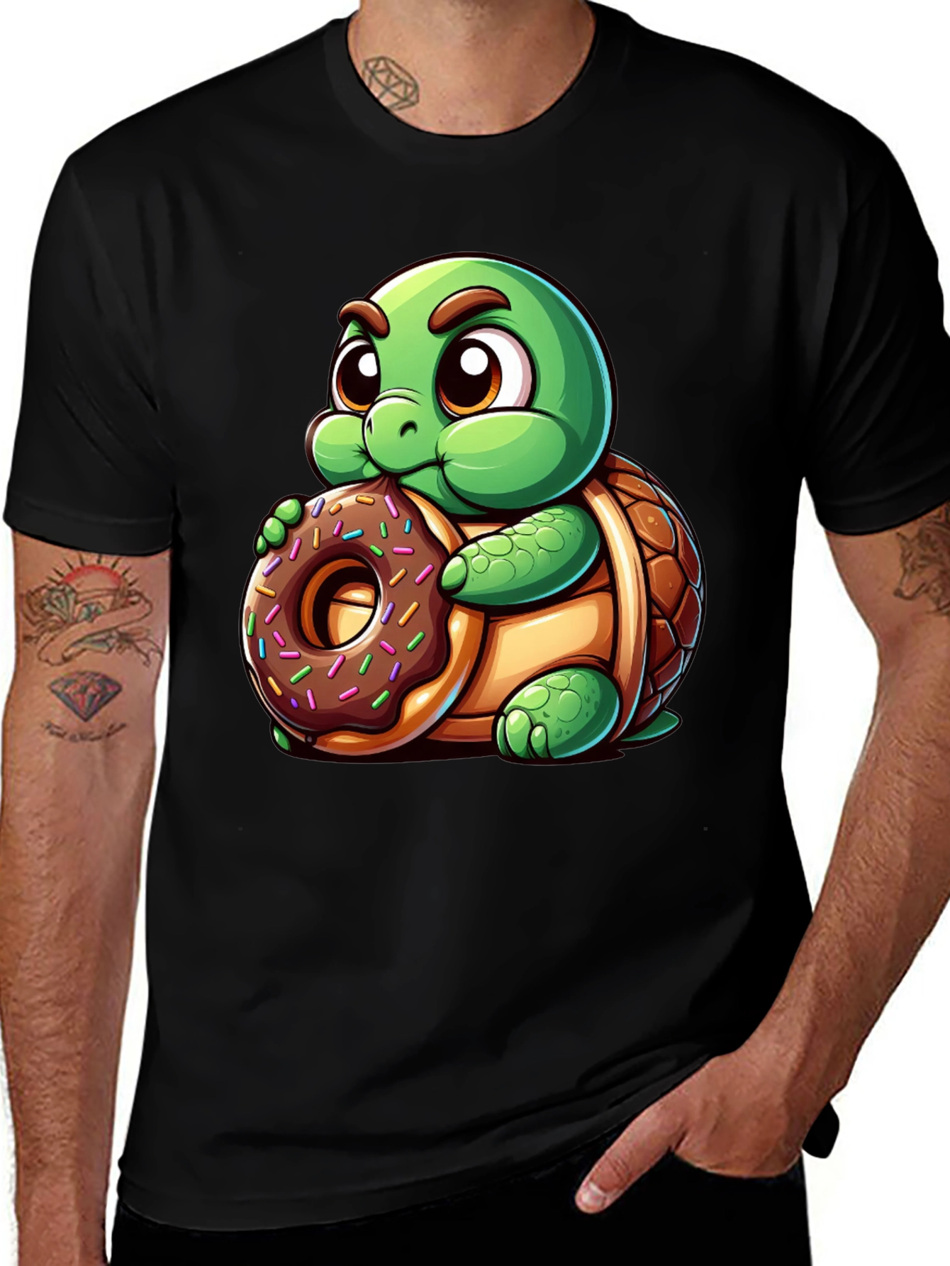 Camiseta Negra con Tortuga Adorable y Dona