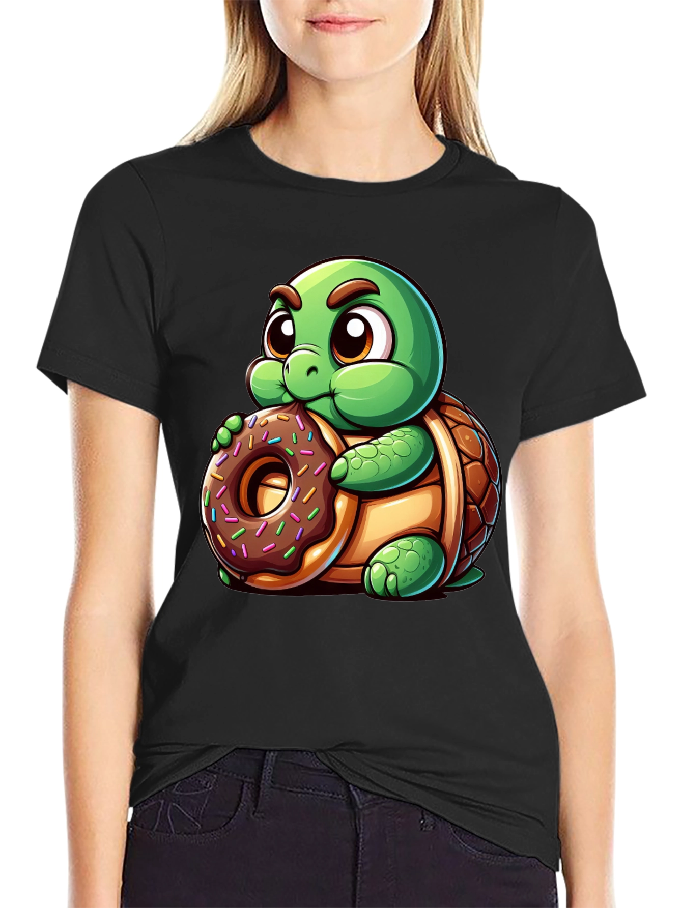 Camiseta Negra con Tortuga Adorable y Dona