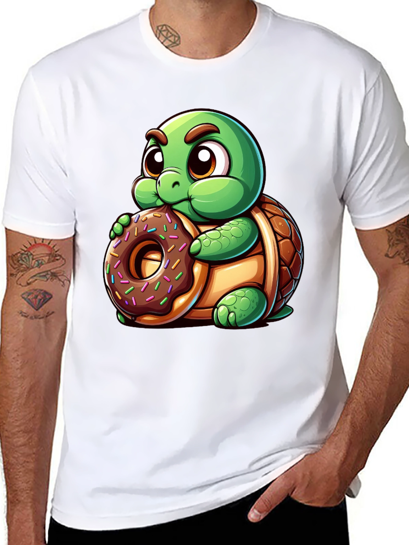 Camiseta Negra con Tortuga Adorable y Dona