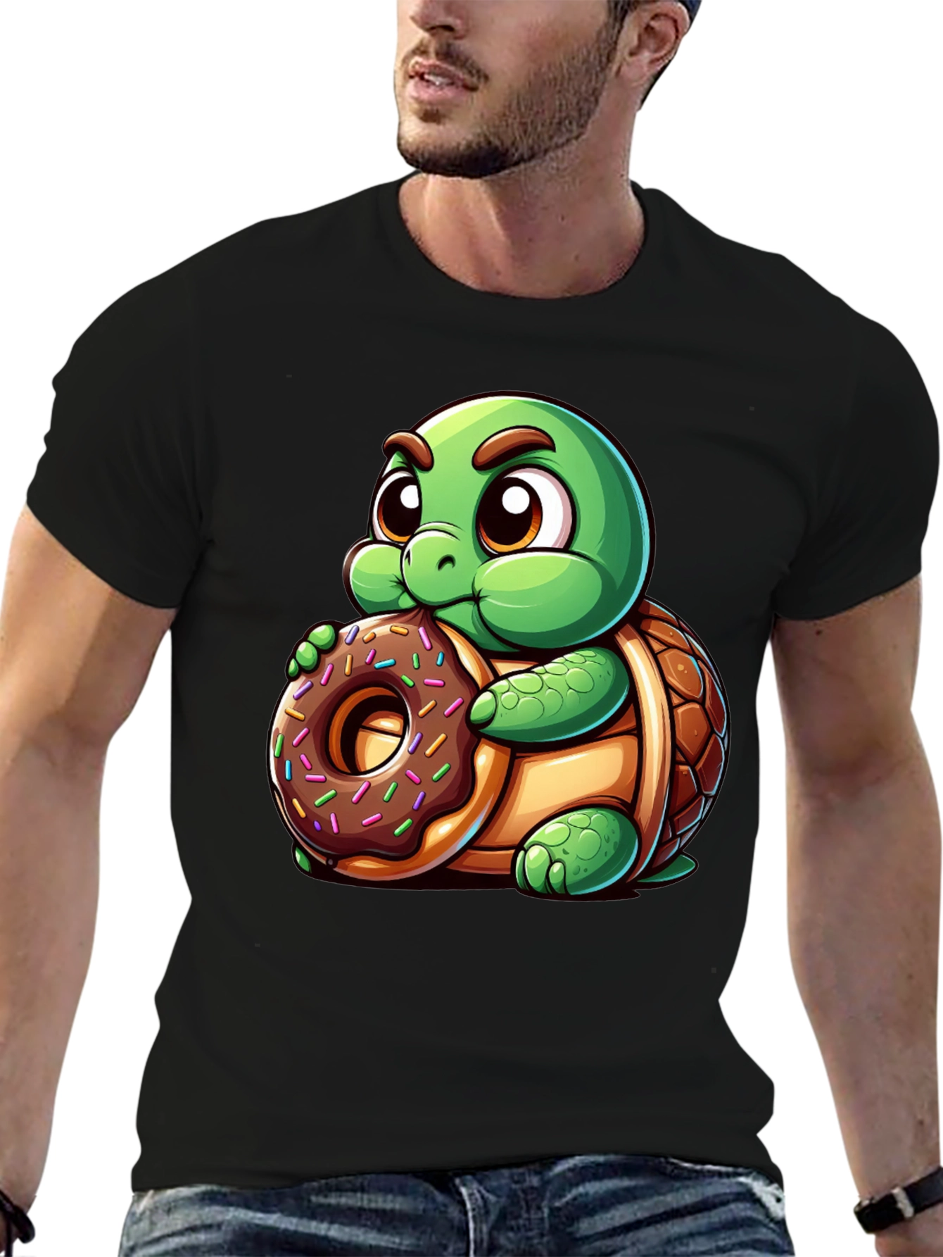 Camiseta Negra con Tortuga Adorable y Dona