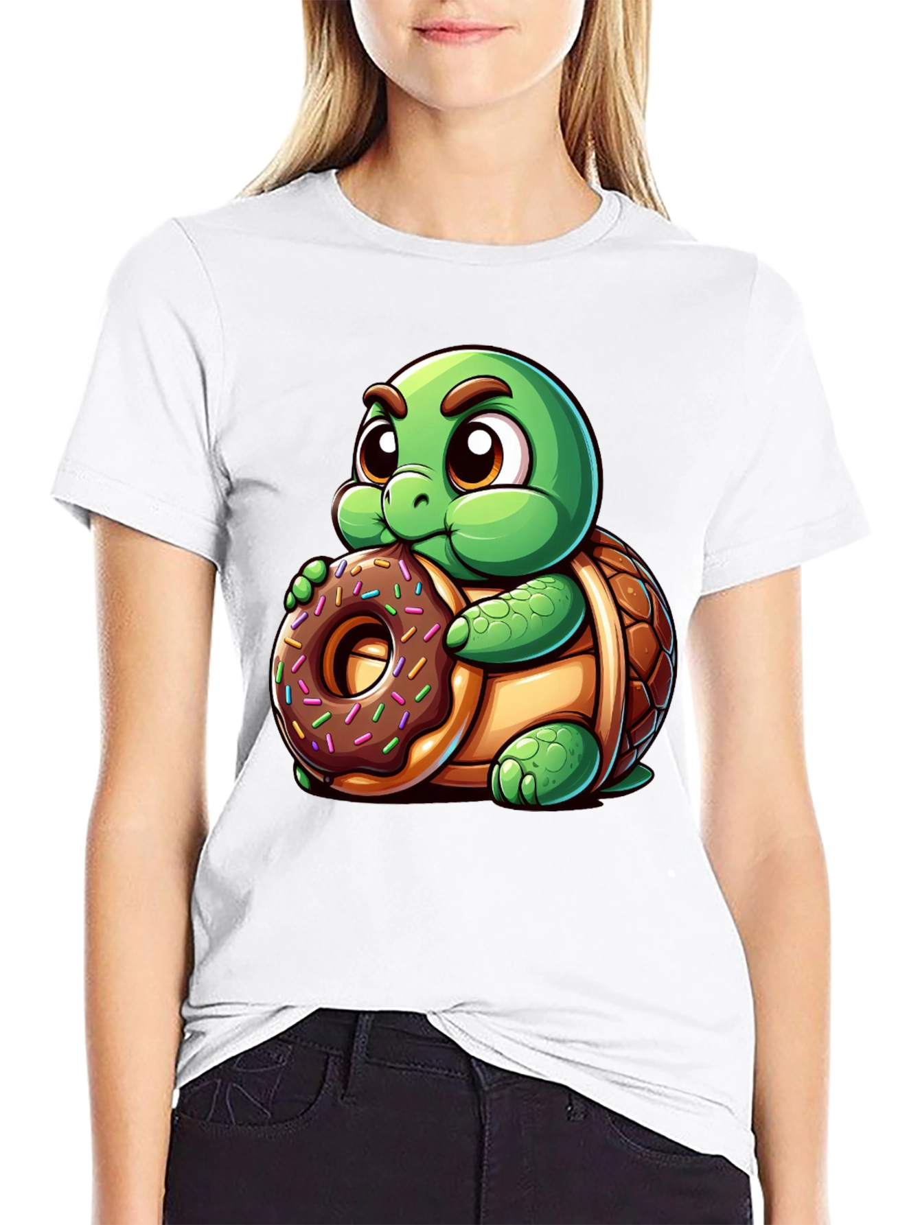 Camiseta Negra con Tortuga Adorable y Dona