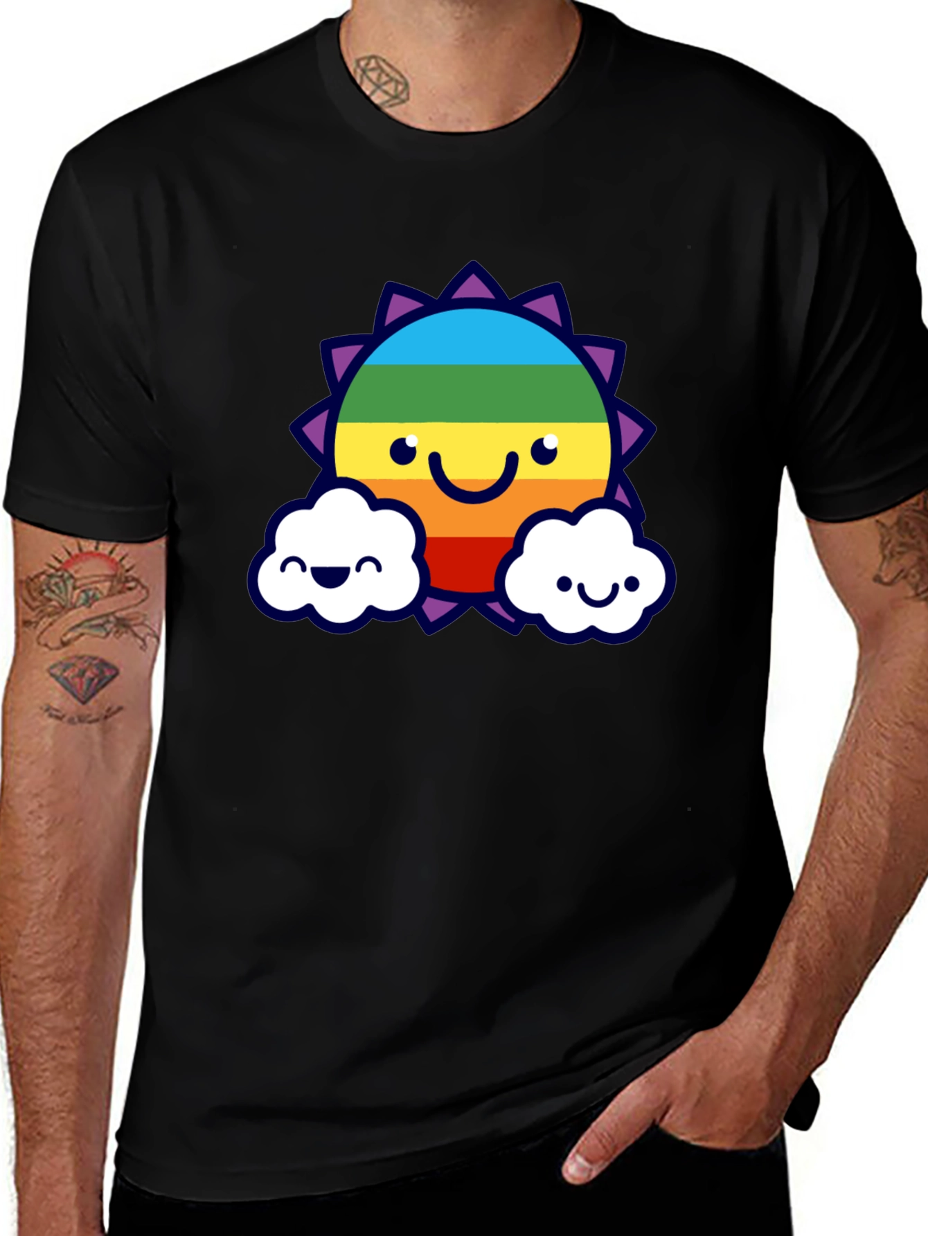 Camiseta Negra con Sol Arcoíris Sonriente