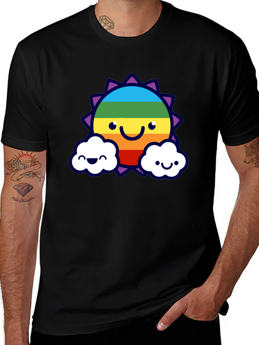 Camiseta Negra con Sol Arcoíris Sonriente