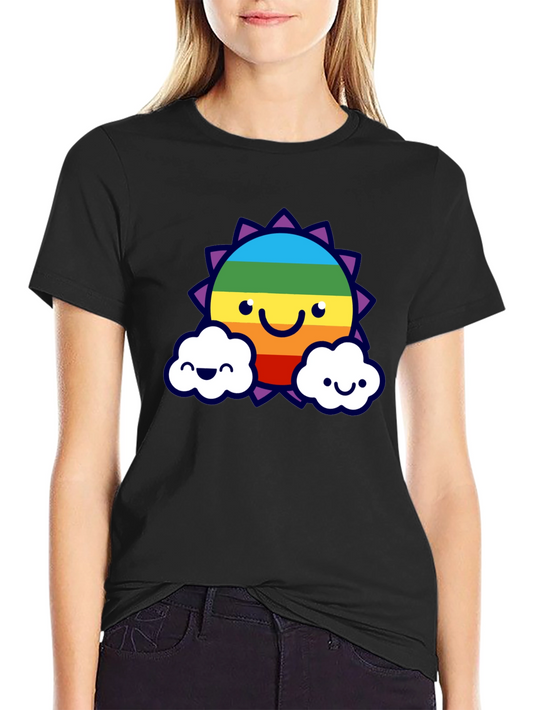 Camiseta Negra con Sol Arcoíris Sonriente