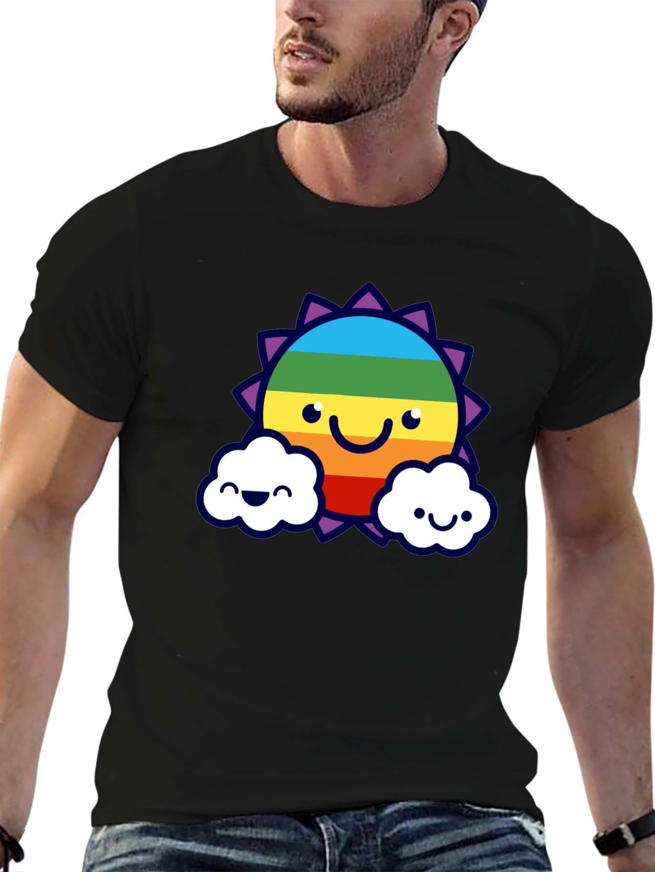 Camiseta Negra con Sol Arcoíris Sonriente