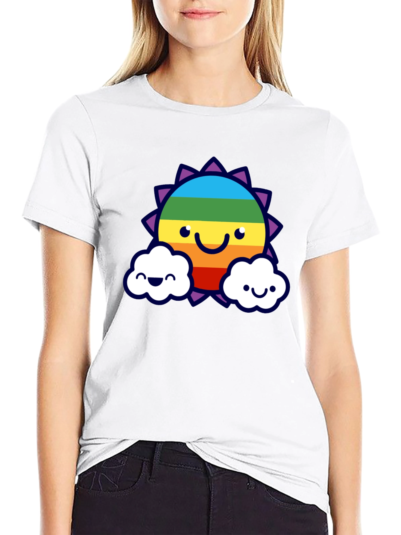 Camiseta Negra con Sol Arcoíris Sonriente
