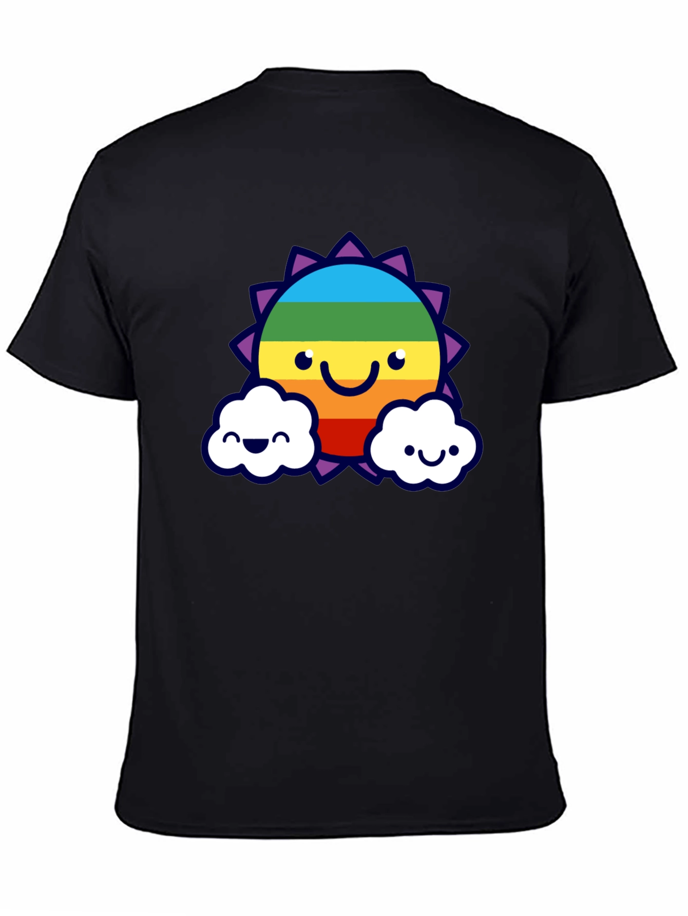 Camiseta Negra con Sol Arcoíris Sonriente