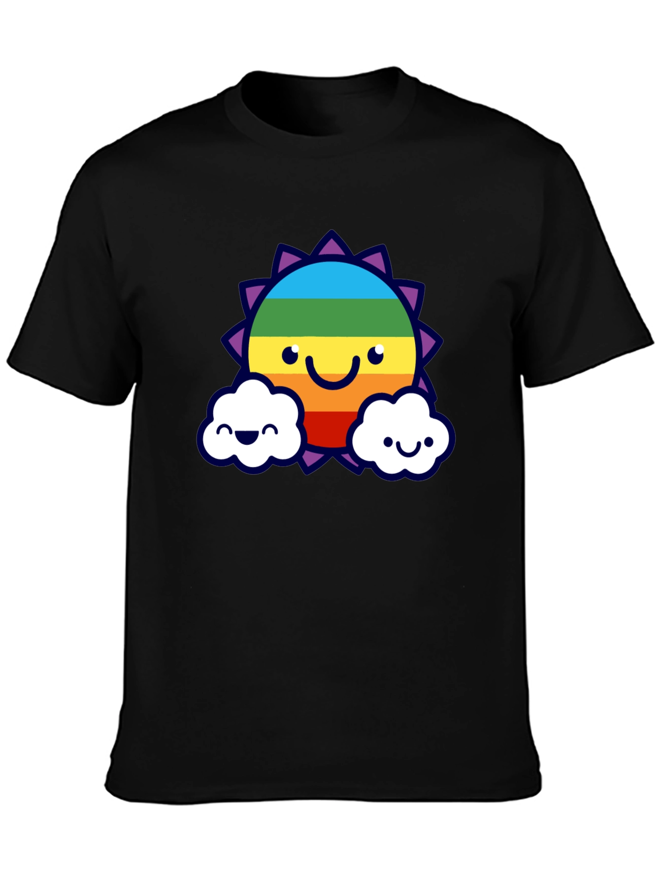 Camiseta Negra con Sol Arcoíris Sonriente