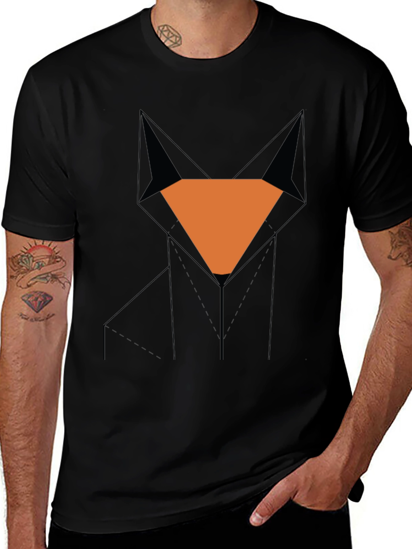 Camiseta Hombre Negra Diseño Zorro Geométrico