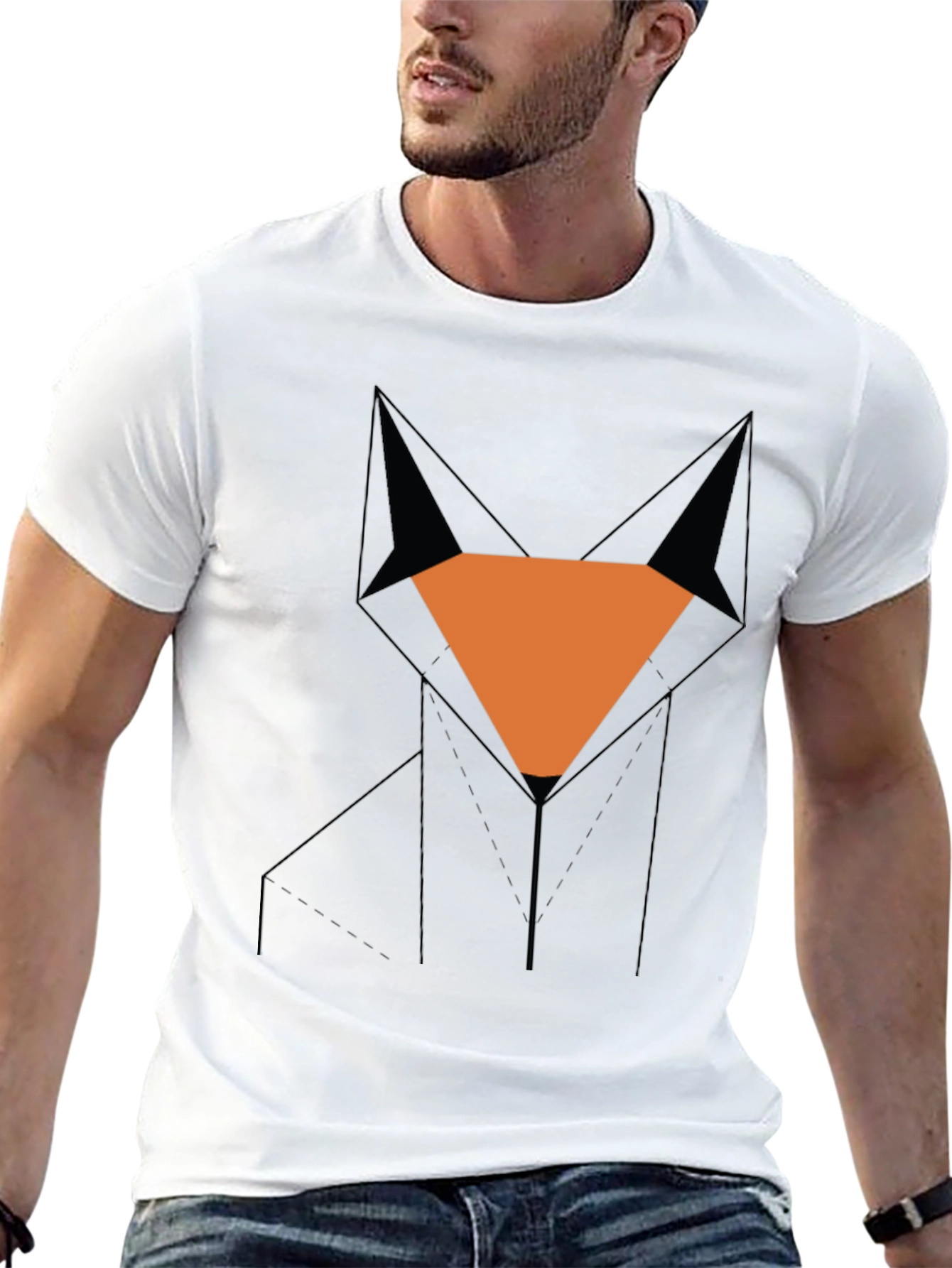 Camiseta Hombre Negra Diseño Zorro Geométrico