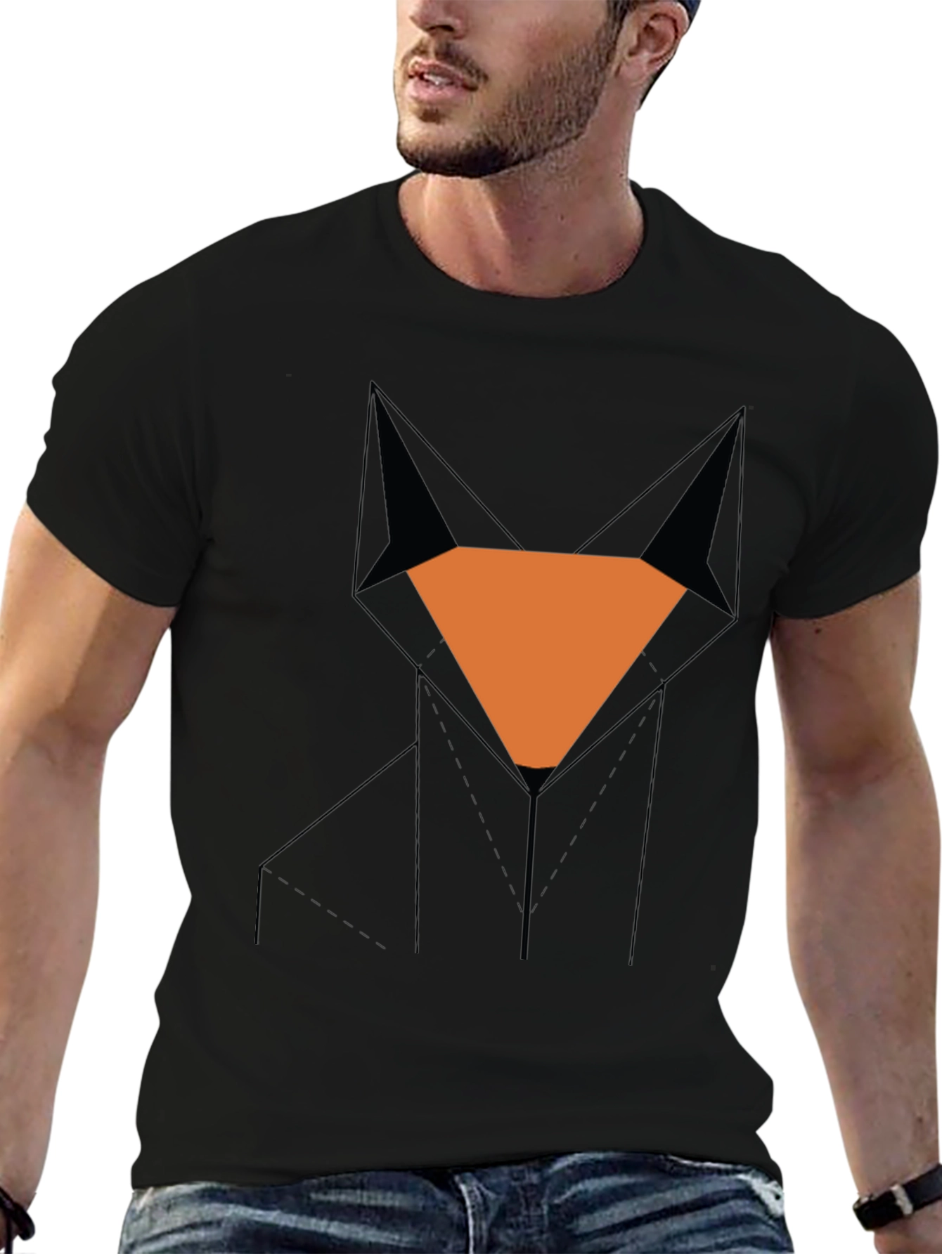 Camiseta Hombre Negra Diseño Zorro Geométrico