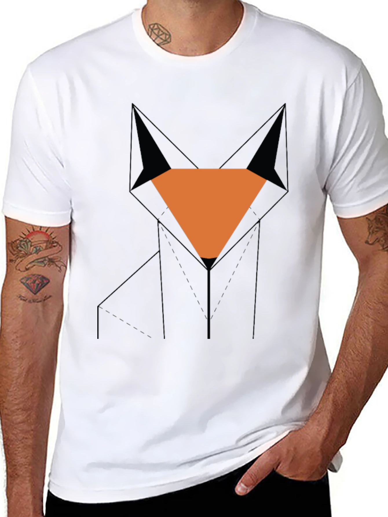 Camiseta Hombre Negra Diseño Zorro Geométrico